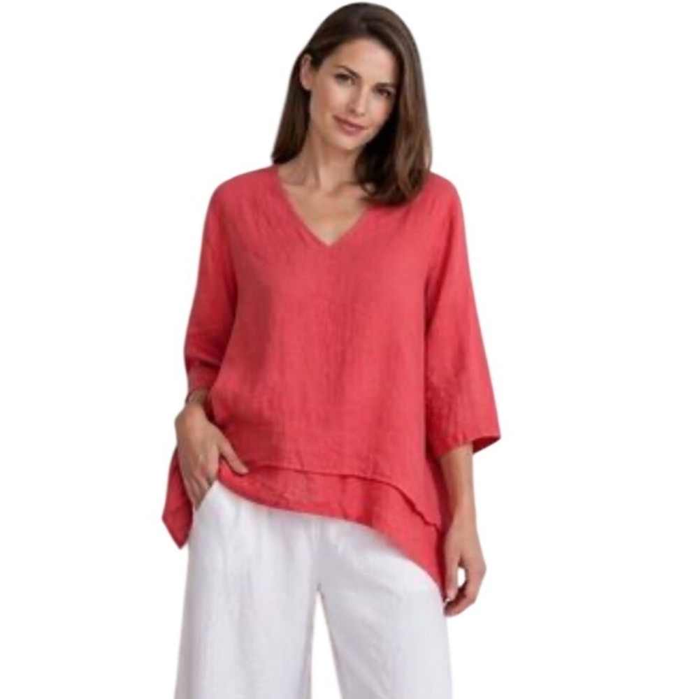 La Fixsun 100% Linen V-Neck Tunic Top Coral Pink Oversized L FBT495 USA